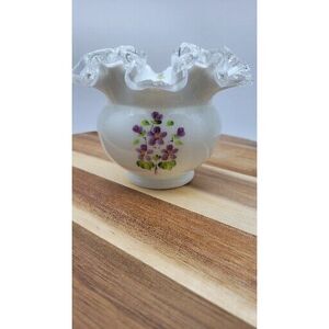 Fenton Hand Painted Signed‎ Ruffled Edge Milk Glass Vase Violet Flowers